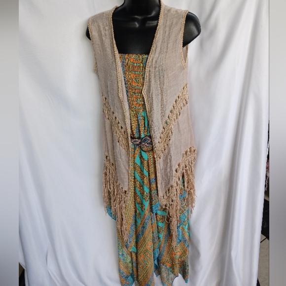 Bohemian Festival Vibes 5 Pc Outfit Dress W/ Vest, Belt, Hat & Bag, Sz S/XS - Picture 7 of 9